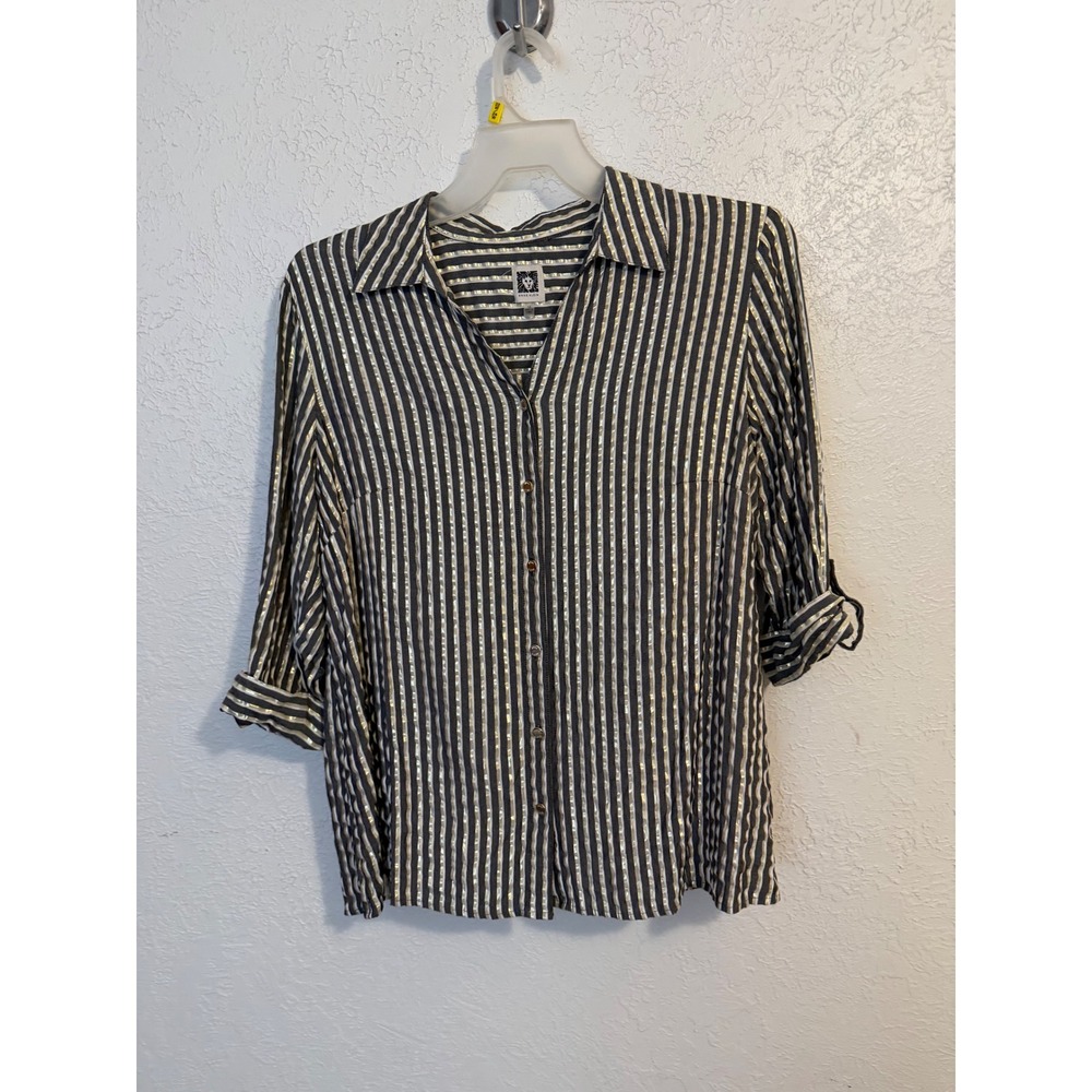 Anne Klein Womens 1X Black Gold Metallic Striped Roll Tab Button Down Blouse